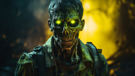 a screenshot of a zombie game featuring dark teal and yellow tones. the image showcases vivid portraiture with vray tracing, capturing the essence of the game's eerie atmosphere. shot on 70mm, the 32k uhd resolution highlights the intricate details of the oil portraitures. created by stephen shortridge. ai generatedの素材