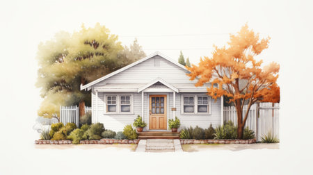 a watercolor illustration of a small cottage, rendered in the style of unreal engine, on a white background. the artwork showcases a light gray and light amber color palette, with a crisp and clean look. inspired by the vancouver school and american tonalist movements, this 32k uhd image captures the beauty of the cottage in stunning detail. ai generatedの素材