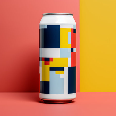 a blue can with colored squares on a bright background, featuring bold and graphic compositions in the style of light red and yellow. this digitally manipulated image showcases a minimalistic design with pixelated landscapes and hidden details. the photo has undergone minimal retouching to enhance its visual appeal. ai generatedの素材