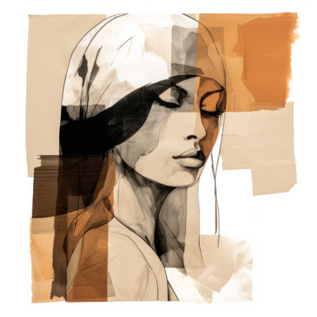 a girl wearing a white and black headpiece, with a cartoon abstraction style, is depicted in this fashion illustration by florian nicolle. the artwork showcases a diverse color palette, with dark orange and beige tones. the use of split toning adds depth and dimension to the monochromatic studies. ai generatedの素材