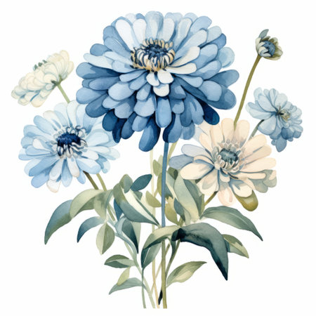 a watercolor illustration of blue flowers and green leaves, isolated on a white background. the artwork is done in the style of mandy disher, featuring light beige and dark azure tones. inspired by jean delville, the composition incorporates light blue and white elements. marguerite blasingame's influence is seen in the symmetrical arrangement. the illustration showcases realistic landscapes with soft, tonal colors. ai generatedの素材