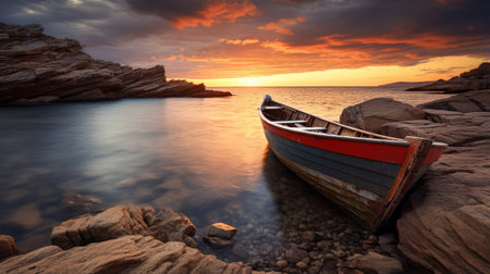 a photo of a landscape with diffused, golden light from the still-timeframes. the light comes from the right, creating a subtle play of light and shadow on the rocks and boat. the aperture is set at f/11 to ensure clarity from the foreground to the horizon. the shutter speed is 1/30s to capture the subtle movement of the waves. the iso is set at 100の素材