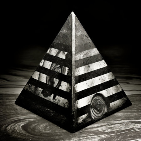 a black and white illustration of a tetrahedron surrounded by a black ink tetrahedron, resembling striated resin veins. this unique artwork captures the essence of striped arrangements, paleocore, weirdcore, and found-object-centric styles. shot with a kodak aero ektar 178mm f/2.5 lens, it showcases a mesmerizing blend of patterns and textures. ai generatedの素材