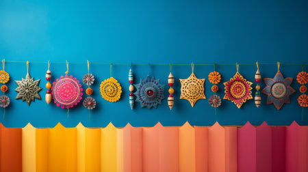 colorful paper mexican national banner and banner are featured in this photo, creating a vibrant background for cards, weddings, or parties. the style of intricate woodwork adds a minimalist still life touch to the image. this color photography pioneer is inspired by folklore, showcasing lively tableaus with subtle and transavanguardia elements. ai generatedの素材