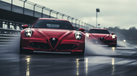 two alfa romeo 4c cars from 1990 engage in intense racing, with drivers exchanging glances. sparks fly beneath the vehicles as they navigate a slightly wet track. the cinematic shot captures the reflections on one of the cars, adding to the dynamic atmosphere. shot on grainy medium format kodak portra 800 film with an smc takumar 105mm f/2.8 lens. ai generatedの素材