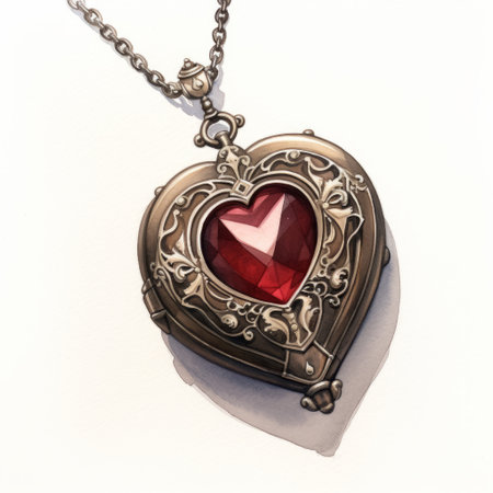 red heart pendant on a chain, featuring highly detailed illustrations in the style of 2d game art. this pendant, captured with the tokina opera 50mm f/1.4 ff lens, showcases packed hidden details and layered compositions. perfect for larme kei fashion or editorial illustrations. ai generatedの素材