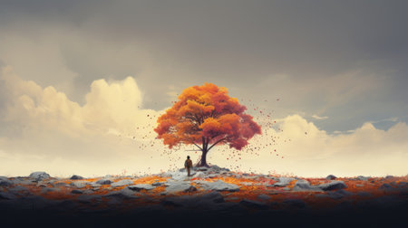 bright yellow tree surrounded by rocks and leaves, reminiscent of darkly romantic illustrations and concept art. the vibrant hues of light maroon and orange create a stunning visual contrast. this breathtaking image evokes a sense of quiet contemplation. experience the beauty of this uhd illustration that captures nature's vibrant essence. ai generatedの素材