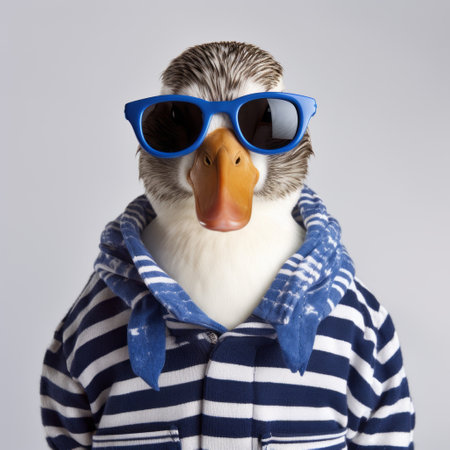 a marine species is captured in this photo, donning a trendy striped sweater and sunglasses. the image showcases the unique style of duckcore, with elements of focus stacking, softbox lighting, and icepunk. the crisp and clean look of the photo is enhanced by clever wit and soft-edged details. ai generatedの素材