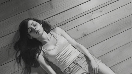 a sleeping girl drawing by aion feher on twitter, showcasing a graphic novel realism style. the artwork features a realistic hyper-detailed rendering of a slender girl, depicted in minimalist monochromes of wood, light gray, and gray. the illusory wallpaper portraits add an intriguing touch to the overall composition. ai generatedの素材