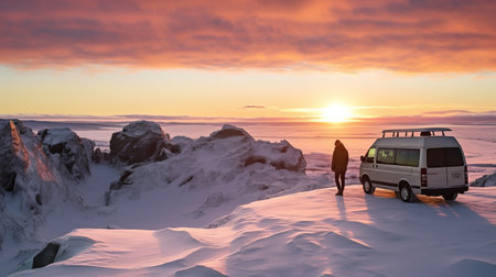a person climbs a mountain, surrounded by a picturesque snow scene. at the summit, a van is parked, creating a unique contrast against the natural landscape. the photo captures the beauty of the mountains in the style of romantic seascapes, with the use of the helios 44-2 58mm f2 lens. the pink and amber hues add a touch of warmth to the stark naturalism, resultingの素材