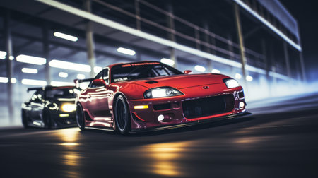 two 1990 toyota supra cars engage in a thrilling race, with drivers exchanging intense glances. as they speed along the slightly wet track, sparks fly underneath their vehicles. the cinematic shot captures the reflections on one of the cars, adding to the dynamic atmosphere. shot on grainy medium format kodak portra 800 film with an smc takumar 105mm f/2.8 lens. ai generatedの素材