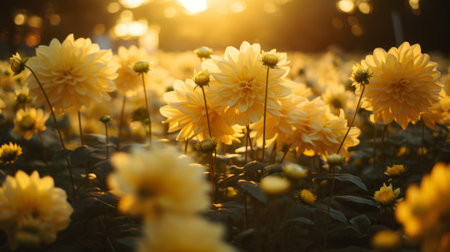 a mesmerizing field of yellow flowers at sunset, captured with the zeiss batis 18mm f2.8 lens. the romantic soft focus and ethereal light create a serene and calming atmosphere. influenced by zen buddhism, this realistic still life showcases a vivid and vibrant color scheme, with shades of dark gold and light beige, enhanced by dramatic lighting. ai generatedの素材