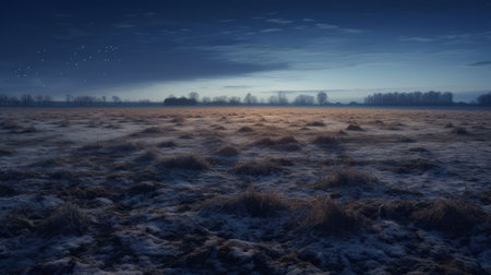 a field with frost and moon at night, showcasing a realistic landscape with soft edges. this captivating image captures the essence of dutch and traditional british landscapes, with its dark and foreboding atmosphere. the 8k resolution allows for stunning detail, while the use of light amber and blue hues adds a touch of enchantment. a masterpiece reminiscent of wojciech siudmak's artistry. ai generatedの素材