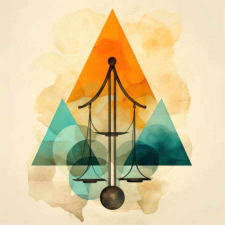 justice scale set - a captivating watercolor illustration featuring a unique blend of organic forms and geometric shapes. the artwork showcases a mesmerizing combination of dark aquamarine and light amber hues, creating an experimental juxtaposition. collaged symbolism adds depth to the piece, while the strong use of negative space and angular geometry enhance its visual impact. this illustration is a true testament to the artist'sの素材