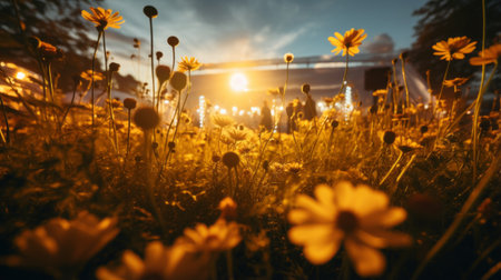 the sun sets over a forest filled with vibrant flowers, creating a mesmerizing scene. rendered in cinema4d, the image showcases a beautiful blend of yellow and amber hues. this photography installation captures the essence of floralpunk, with its cute and dreamy atmosphere. the detailed crowd scenes and atmospheric urbanscapes add depth to the composition. ai generatedの素材