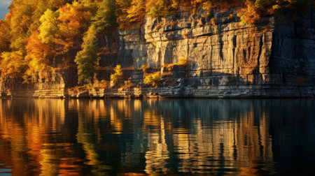 a serene lake surrounded by teak in full autumn splendor, reflecting vibrant colors on the calm water's surface. this tranquil scene evokes serenity and appreciation for the beauty of nature during the fall season. shot during golden hour, the image showcases soft, warm light illuminating the cliff. ai generatedの素材