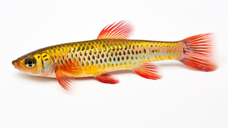 a toy fish, in the style of light red and gold, sits on a white surface. the bold and colorful brushstrokes create a large-scale effect. captured with a zeiss milvus 25mm f/1.4 ze lens, this photo showcases the beauty of norwegian nature. the combination of "duckcore" and "utagawa kunimasa" adds a unique touch to the composition. ai generatedの素材