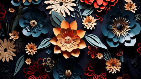 colorful paper flower images with hyper-detailed rendering are showcased on a black background, featuring a captivating blend of dark blue and orange hues. these handcrafted paper sculptures exude a mesmerizing beauty, with shades of dark beige and dark aquamarine adding depth to the composition. the flowers, crafted with meticulous care, display a stunning combination of light yellow and dark crimson tones. ai generatedの素材