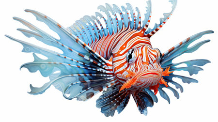the lionfish photo captures the mesmerizing beauty of sea life. with its realistic and hyper-detailed rendering, the image showcases the abstract colorist sculptor's talent. the bold, manga-inspired characters add a unique touch to the composition. the vibrant colors of magewave, light red and white, light azure and orange, are brought to life in ultra hd quality. ai generatedの素材