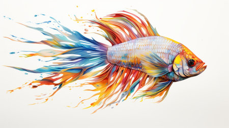 an aquatic fish, painted in the style of erik jones, is showcased on a white background. this hyper-realistic animal illustration features colorful gradients and fluid washes of color. the artwork, created by fatima ronquillo, captures the explosive wildlife in a mesmerizing manner. the image has a resolution of 3840x2160. ai generatedの素材