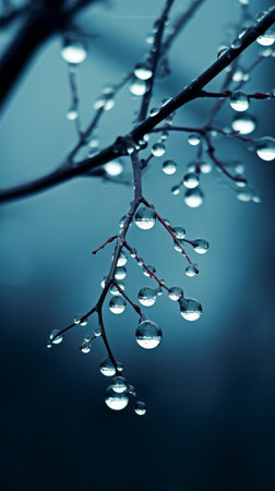 a branch adorned with raindrops, showcasing a captivating blend of dark sky-blue and light aquamarine hues. the soft focal points create a surreal and fantastical atmosphere, evoking a sense of trapped emotions. this mesmerizing photo, captured by the associated press and shared on flickr, features sterling silver highlights that add an extra touch of allure. ai generatedの素材