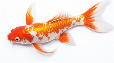 a koi pond fish, in the style of light orange and dark gold, is captured on a white background. the photo showcases symmetrical asymmetry and employs photo-realistic techniques. with influences from the kan school and furaffinity, the image exudes a surprisingly absurd yet unpolished authenticity. ai generatedの素材