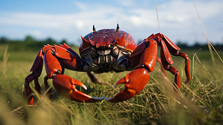 a crab with dark fur and no spots is captured in a side profile close-up as it runs through a tilled wisconsin field. the photo is beautifully color graded and showcases extreme details with a dramatic and sharp focus. shot on a 70mm lens, the image exhibits depth of field and cinematic qualities. the lighting is moody and natural, adding to the overall aesthetic ofの素材