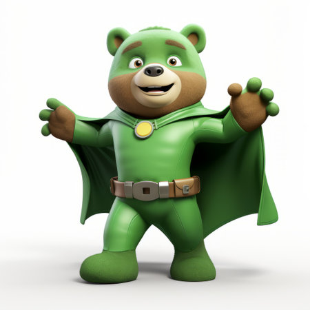 a bear outfit with a cape, featuring a light bronze and green color scheme. this cartoonish caricature, created using zbrush, draws inspiration from marvel comics. the charming character illustrations showcase bold lines and are made of rubber material. ai generatedの素材