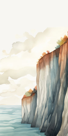 a watercolor illustration depicting a cliff and a waterfall on the ocean. the painting showcases earth tone colors and a low-angle perspective, reminiscent of windows vista wallpapers. the emotive fields of color create a graphic and captivating illustration. ai generatedの素材