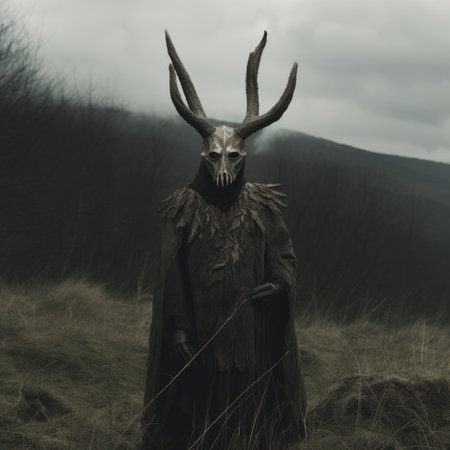 a demon in armor stands in a field, captured in the style of wildlife photography. the dark beige and gray tones add to the mystical atmosphere of the image. taken with a tokina at-x 11-16mm f/2.8 pro dx ii lens, this photograph showcases occultism-inspired themes and falls into the fawncore aesthetic. its beauty is truly captivating. ai generatedの素材