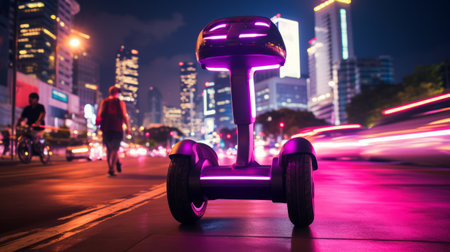 a night scene in hong kong featuring a segway captured in a captivating light bronze and magenta color scheme. this photograph showcases the industrial and product design elements of the segway, with a tabletop photography approach. the image exudes a neogeo aesthetic, reminiscent of tenwave, webcore, and cryptopunk styles. ai generatedの素材