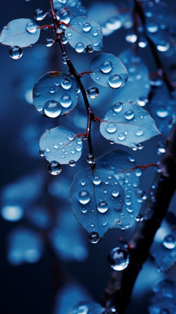 a photo of waterdropping on the leaf leaves, showcasing a harmonious color scheme of blue tones resembling a dark sky-blue and dark navy. the soft, atmospheric lighting adds to the overall aesthetic. this captivating image, captured by caras ionut and inspired by georg jensen, celebrates the beauty of nature with its effervescent composition, creating a joyful and serene ambiance. ai generatedの素材