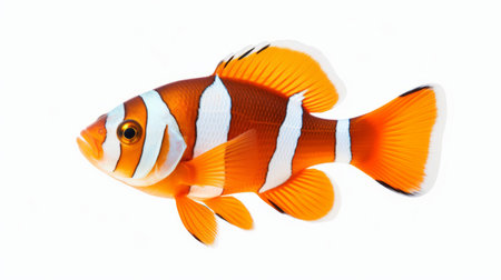 an orange and white clown fish, with precisionist lines and photo-realistic techniques, is captured in this isolated image on a white background. the artwork showcases elements of palewave aesthetics, while also drawing inspiration from the cultural symbolism found in the works of samuel silva and kazuki takamatsu. the fish's vibrant colors and horizontal stripes add to its visual appeal. ai generatedの素材