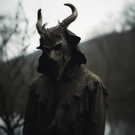 a man in dark clothing with horns stands in a moody landscape, showcasing the unique style of the tamron 24mm f/2.8 di iii osd m12 lens. this manapunk-inspired image features pastoral elements, masks, and totems, all set against a dark beige and gray color palette. the detailed costumes add depth and intrigue to the overall composition. ai generatedの素材