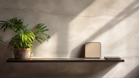a serene and peaceful ambiance is captured in this photo featuring a table computer with a plant on a shelf. the style of the setting is characterized by light bronze and light amber tones, creating a tranquil serenity. the image is reminiscent of the neo-concrete art movement, with influences from kodak plus-x film and georg jensen design. softbox lighting enhances the overall aesthetic. ai generatedの素材