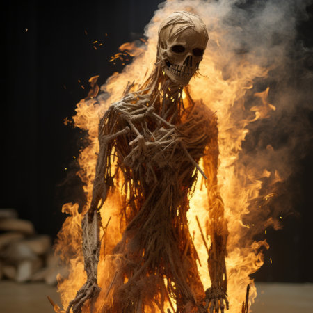 a hyperrealistic sculpture of a skeleton burning in a darkened room. the sculptural costume is made of natural fibers, resembling explosive and chaotic vines. the epic portraiture showcases a combination of light orange and light brown hues, creating a visually striking and intense image. ai generatedの素材