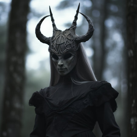 a man in a full costume and mask, adorned with horns, stands in a dark and foreboding landscape. the image captures the essence of deathcore, with subtle tonal values and a necropunk aesthetic. inspired by norwegian nature, the photo showcases a striking contrast between dark black and light beige tones. ai generatedの素材