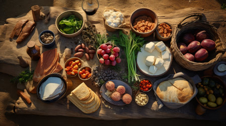 a photo of typical prehistoric food captured from above using a drone, showcasing a prehistory background. the image is incredibly realistic and detailed, with bright colors and a photorealistic effect. it is a professional and high-quality photograph, with attention to detail, including ultra details, detailed shadows, and highlights. this magazine-worthy photo also features a stunning play of light and shadow. ai generatedの素材