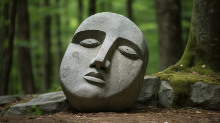 a stone face emerges from the depths of a tranquil woods, showcasing the powerful symbolism of interdisciplinary artist. with serene solitude as its backdrop, this punctuated caricature of stone captivates the viewer. this uhd image, captured by the associated press, beautifully captures the essence of nature's artistry. ai generatedの素材