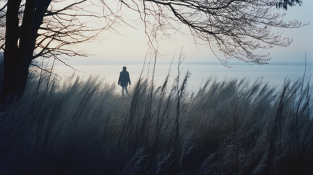 a mysterious charles walks through the autumn grass on a cold morning, captured in a coastline instamatic lo-fi photo. the image showcases a distant coastline, with tall tree silhouettes and a thick fog adding to the ambiance. the cold blue tones enhance the overall atmosphere of the scene. ai generatedの素材