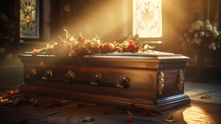 a wooden casket, colorized in darktable processing, is placed in a sunlit setting. candles surround the casket, creating a warm and traditional atmosphere. the realistic figurative details of the foliage add depth to the scene. the casket's red and gold accents enhance its aesthetic appeal. ai generatedの素材