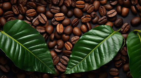 green leaf and coffee beans on a dark background, reminiscent of vibrant stage backdrops. this commercial imagery by joachim wtewael showcases a thick texture and exotic appeal. the high resolution of the image allows for a detailed view of the intricate patterns and colors. shot on ferrania p30 film, this photo captures the essence of nature and coffee culture. ai generatedの素材