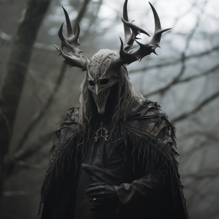 a person wearing a black hat stands in a forest, adorned with antlers. the individual is dressed in a medieval-inspired, dark gray and gray costume, featuring intricate details. the atmosphere is somber, enhanced by ritualistic masks and a dracopunk aesthetic. the photo showcases the person's elaborate and detailed costume in a mystical setting. ai generatedの素材