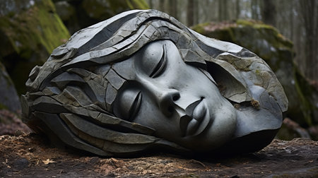 a woman's sculpture lies near a tree in the field, showcasing elegant and emotive faces. the sculpture is crafted with dark silver and indigo tones, featuring detailed atmospheric portraits. the stone sculpture incorporates cubist faceting, creating a close-up view of powerful and captivating portraits. ai generatedの素材