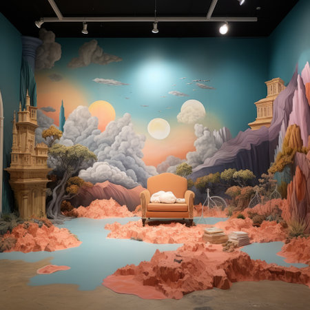 yoni somoya and samir rishi reimagine a world in this photo by julian hall. the hyperrealistic landscapes, dusty piles, and whimsical, lighthearted atmosphere create a captivating scene. the combination of light orange and dark gray hues adds depth to the colorful muralist style. the photo also evokes a sense of rococo interiors and storybook-esque charm. ai generatedの素材