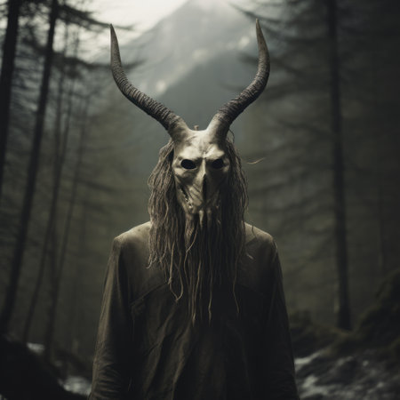 a demon man with a large horned head stands in the misty woods, wearing a dress. this eerie image, captured with the tokina at-x 11-16mm f/2.8 pro dx ii lens, showcases the artistic style of ebru sidar. the uhd resolution brings out the intricate details of the religious subject, reminiscent of the works of lasar segall and sacha goldberger. ai generatedの素材