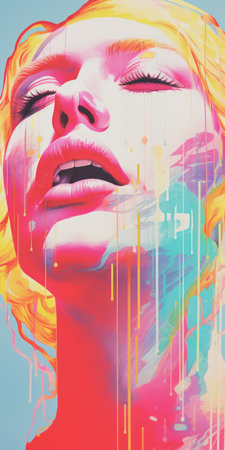a female face adorned with vibrant yellow colors, set against a captivating blue background. this synthwave-inspired artwork showcases melting, hyper-realistic details, with contemporary candy-coated aesthetics. the magenta and cyan hues add a touch of modernity, while the realistic depictions and drip painting technique create a visually striking composition. ai generatedの素材