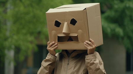 a man's face is covered with a blocky cardboard piece, reminiscent of robotics kids. the darkly comedic image captures an adventure-themed solapunk aesthetic, with animated shapes adding to the overall visual appeal. shot with a tamron 24mm f/2.8 di iii osd m12 lens, this photo showcases a unique and intriguing concept. ai generatedの素材