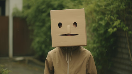 a man wearing an umbrella on his head, with a cardboard box, exudes a captured spontaneity feeling. the dark beige and white tones add to the overall aesthetic. this photo showcases elements of kidcore, analogue filmmaking, masks and totems, and a relatable personality. the artistic style resembles ssaku hanga. ai generatedの素材