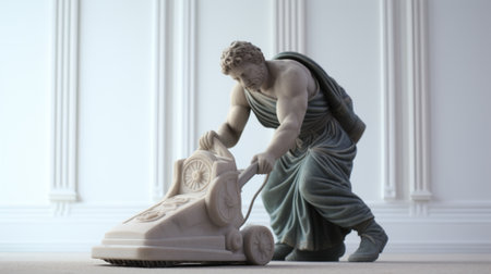 an ancient greek statue holding a wheel in its arms is depicted in this hyper-realistic still life photograph. the statue is seen washing a floor, showcasing a unique blend of carpetpunk and rococo portraitures. this artwork serves as a consumer culture critique, reminiscent of the works progress administration (wpa) era. the sculptural precision achieved through the use of zbrush adds to the overall aesthetic appeal.の素材